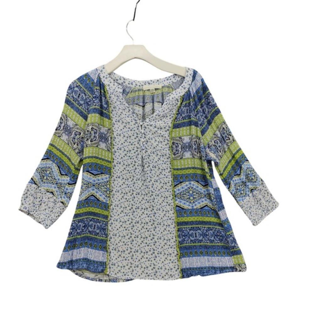 Farmers Market Womens Coastal Peasant Ethnic Shappy Chic Airy Blouse 1X Blue Top